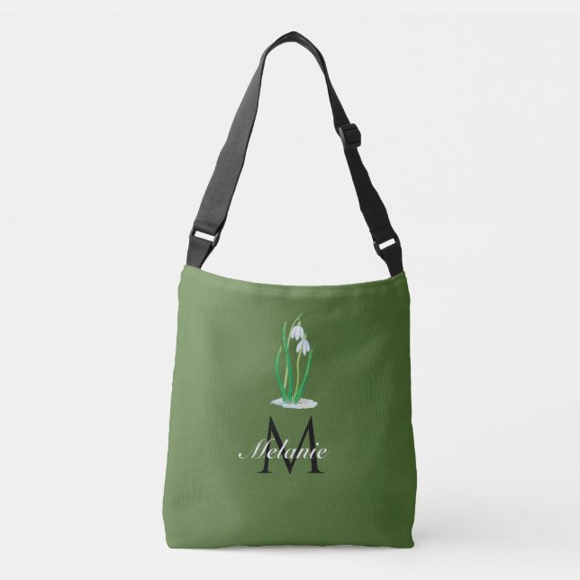 Snowdrops Flowers Early Spring Custom Monogram  Crossbody Bag (Front)