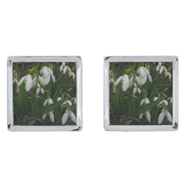 Snowdrops I (Galanthus) White Spring Flowers Cufflinks (Front)