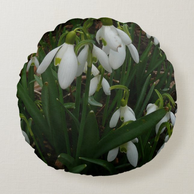 Snowdrops I (Galanthus) White Spring Flowers Round Pillow (Front)