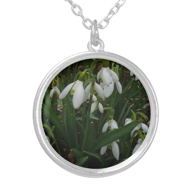 Snowdrops I (Galanthus) White Spring Flowers Silver Plated Necklace (Front)