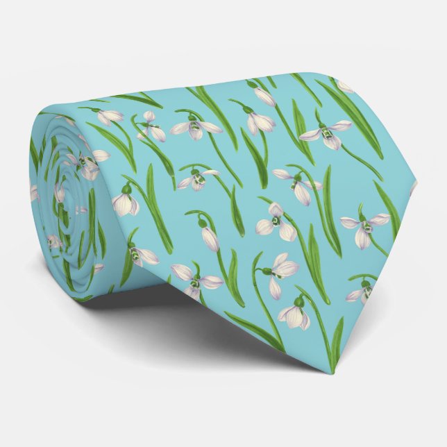 Snowdrops on pool blue neck tie (Rolled)