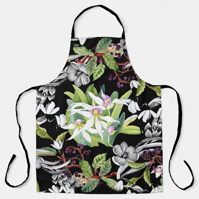 Snowdrops & Orchids: Sketched Black Pattern Apron (Front)
