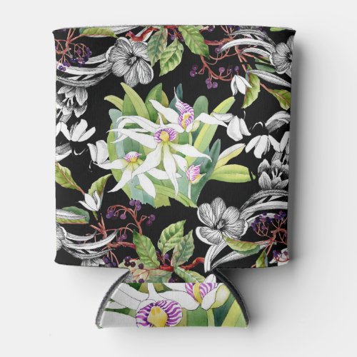 Snowdrops  Orchids Sketched Black Pattern Can Cooler