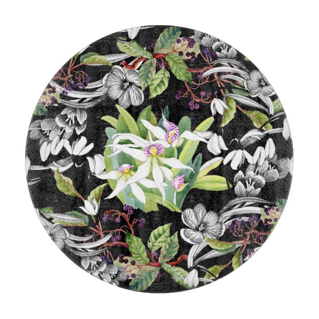 Snowdrops & Orchids: Sketched Black Pattern Cutting Board (Front)