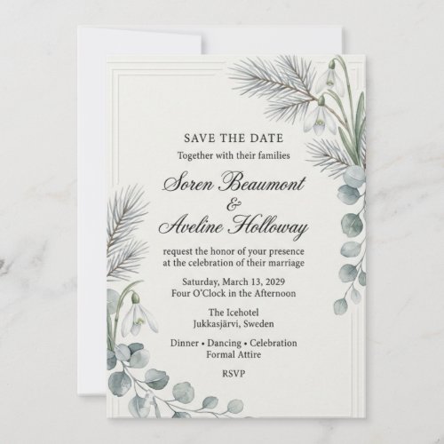 Snowdrops, Pine Needles, Eucalyptus Leaves, Geomet Invitation
