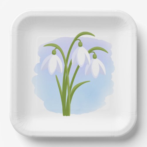 Snowdrops _ Spring Flowers on Watercolor Blue Paper Plates