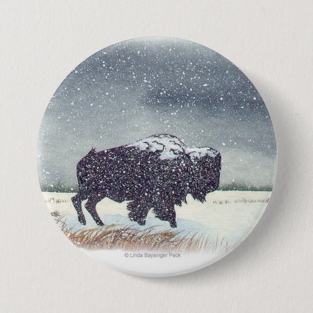 Snowdusted Bison Painting Pinback Button (Front)