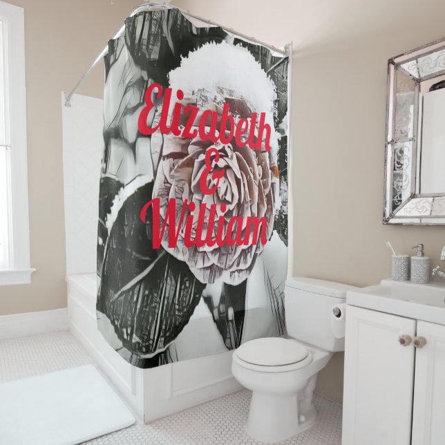 Snowed Frozen Rose Drawing  Shower Curtain (In Situ)