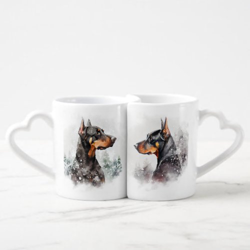 SNOWEY BLACK  TAN WATERCOLOR DOBERMAN PINCHER DOG COFFEE MUG SET