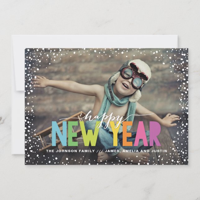 Snowfall Colorful Happy New Year Photo Holiday Card (Front)