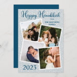 Snowfall Happy Hanukkah 4 Photo - Blue | Gray Holiday Card<br><div class="desc">Rustic snowfall on a blue gray (pale teal) background "Happy Hanukkah!" four framed photos collage holiday design with a solid ocean blue background on back. Simply add your family name and the year along with your photos to complete the design. Composite design by Holiday Hearts Designs (rights reserved) with template...</div>