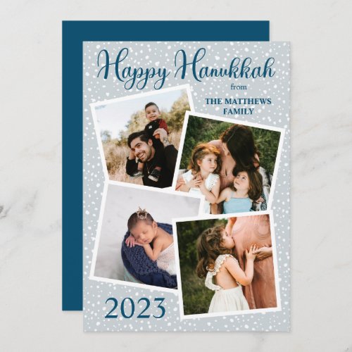 Snowfall Happy Hanukkah 4 Photo _ Blue  Gray Holiday Card
