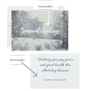 Snowfall in the winter forest holiday card