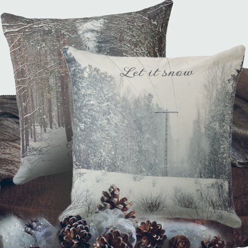 Snowfall in the winter forest  throw pillow