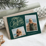 Snowfall Script 2 Photo Snapshot Foil Holiday Card<br><div class="desc">Festive holiday photo card features two photos in snapshot style,  with "Merry Christmas" in embellished gold foil script. Personalize with your family signature and the year.</div>