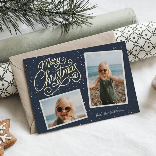 Snowfall Script 2 Photo Snapshot Foil Holiday Card