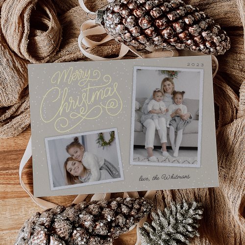 Snowfall Script 2 Photo Snapshot Foil Holiday Card