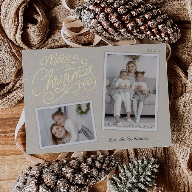 Snowfall Script 2 Photo Snapshot Foil Holiday Card (Creator Uploaded)