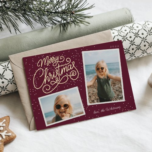 Snowfall Script 2 Photo Snapshot Foil Holiday Card