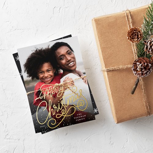 Snowfall Script Christmas Photo Foil Holiday Card