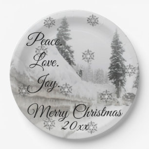 Snowfall Snowflakes Christmas black white sketch Paper Plates