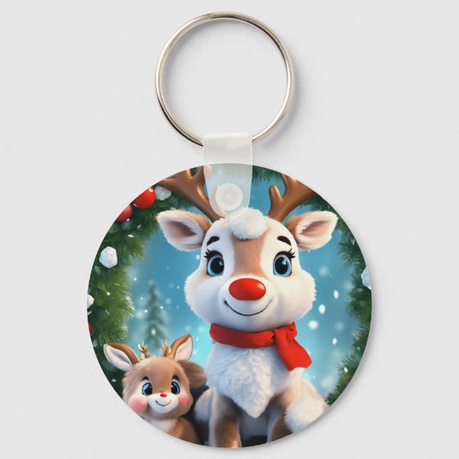 Snowflake 3D Background with Puffy Flowers Design Keychain (Front)