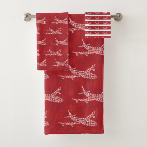Snowflake Airplane on red Bath Towel Set