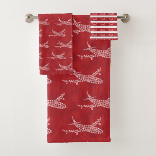 Snowflake Airplane on red. Bath Towel Set (Insitu)