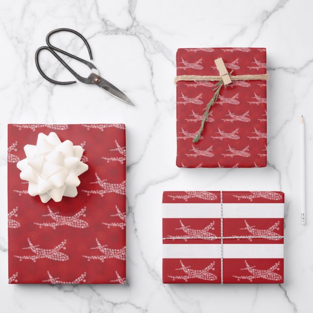 Snowflake Airplane on red. Wrapping Paper Sheets (Front)