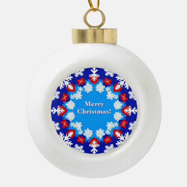 Snowflake and Gift Patterns Ceramic Ball Christmas Ornament (Front)