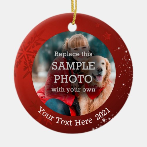 Snowflake and White Stars on Red, Two-Sided Photo Ceramic Ornament