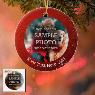 Snowflake and White Stars on Red, Two-Sided Photo Ceramic Ornament