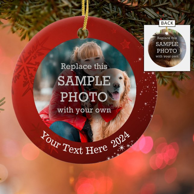 Snowflake and White Stars on Red, Two-Sided Photo Ceramic Ornament (Creator Uploaded)