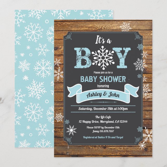 Snowflake baby boy shower rustic wood chalkboard invitation (Front/Back)