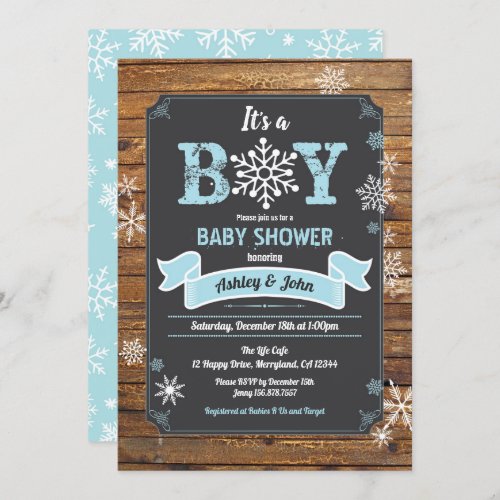 Snowflake baby boy shower rustic wood chalkboard invitation