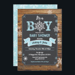 Snowflake baby boy shower rustic wood chalkboard invitation<br><div class="desc">ALL TEXT ARE EDITABLE, except the graphic "BOY" Rustic wood and retro chalkboard style invitation. Perfect for Christmas, winter seasons.You may change the party title to BABY SHOWER / SPRINKLE / COUPLES BABY SHOWER, etc. Theme: little snowflake, let it snow. Season: winter, Christmas Style: rustic, retro, vintage Colors: blue, white,...</div>