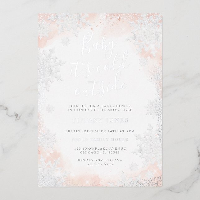Snowflake Baby it's cold outside Baby shower  Foil Invitation (Front)