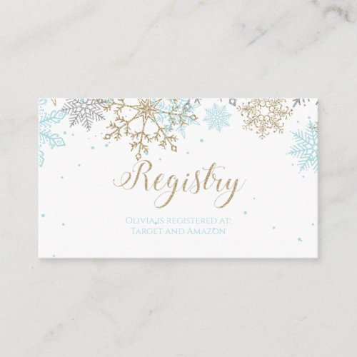 Snowflake Baby Registry Blue Gold Enclosure Card