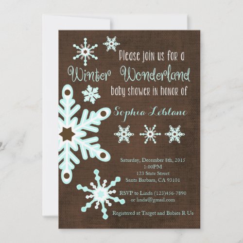 Snowflake Baby Shower Invitation in Brown and Aqua