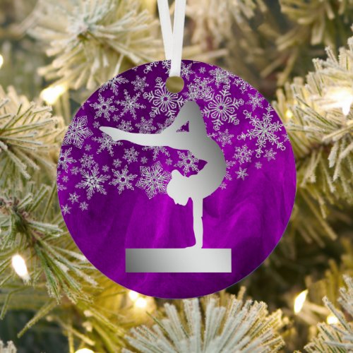 Snowflake Balance Beam Gymnast on Purple Metal Ornament