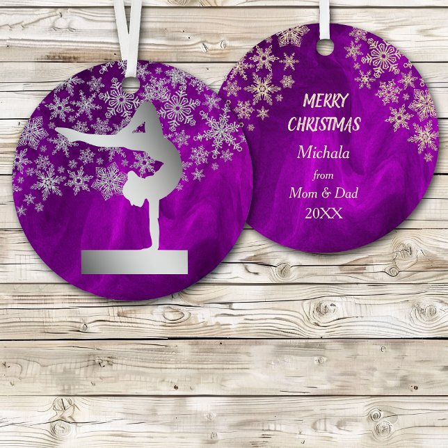 Snowflake Balance Beam Gymnast on Purple Metal Ornament (Creator Uploaded)