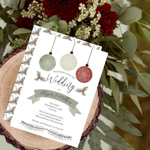 Snowflake Baubles Holly Terracotta Sage Wedding Invitation