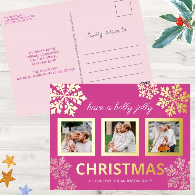 Snowflake Berry Bling 3 Photo Christmas Gold Foil Holiday Postcard (So easy to customize, these 3 photo Christmas postcards in berry pink have real gold foil accents)
