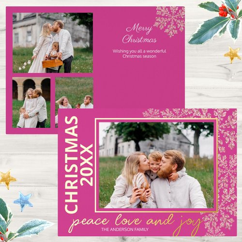 Snowflake Berry Bling 4 Photo Year Chic Gold Foil Holiday Card