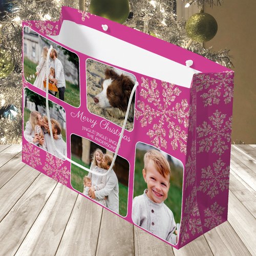 Snowflake Berry Bling 5 Photo Collage Christmas Large Gift Bag