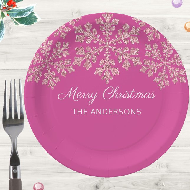 Snowflake Berry Bling Celebration Christmas Paper Plates (Add these elegant dark pink and faux sparkle snowflake paper plates to your holiday event table)