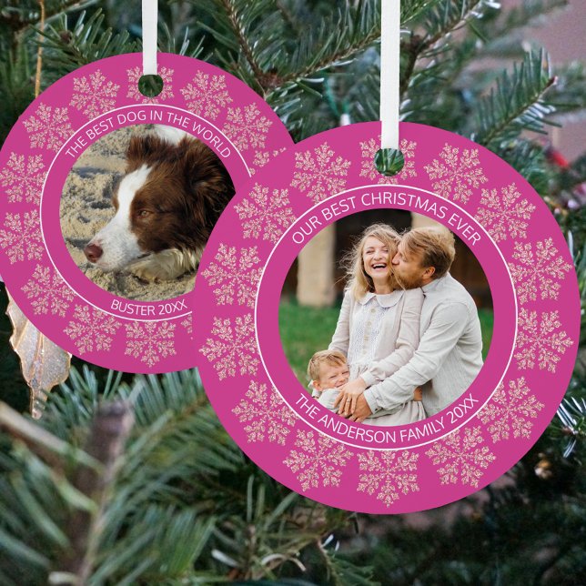 Snowflake Berry Bling Chic 2 Photo Double Sided Metal Ornament (The Christmas color trend is pink and these snowflake 2 photo ornaments certainly deliver)