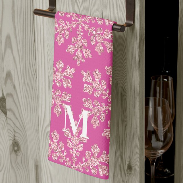 Snowflake Berry Bling Chic Monogram Christmas Kitchen Towel (Change (or remove) the monogram initial on these pink snowflake kitchen towels & create custom gifts)