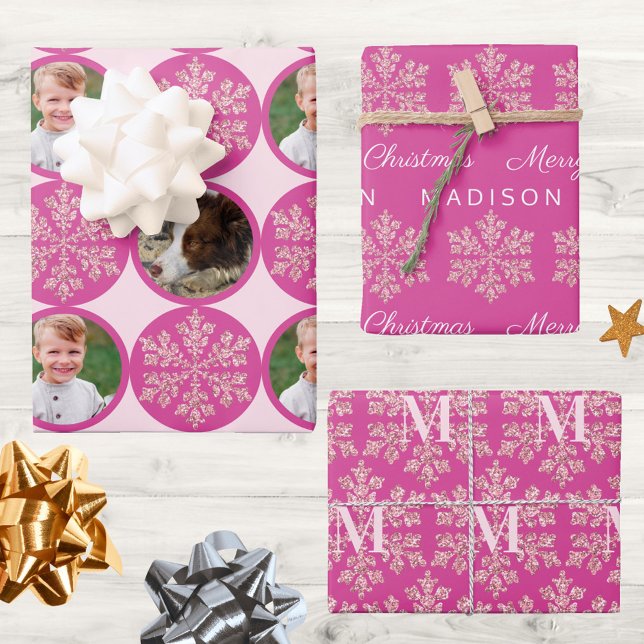 Snowflake Berry Bling Classic 2 Photo Christmas Wrapping Paper Sheets (This deep pink and faux sparkle snowflakes wrapping paper assortment is so cute for Christmas)