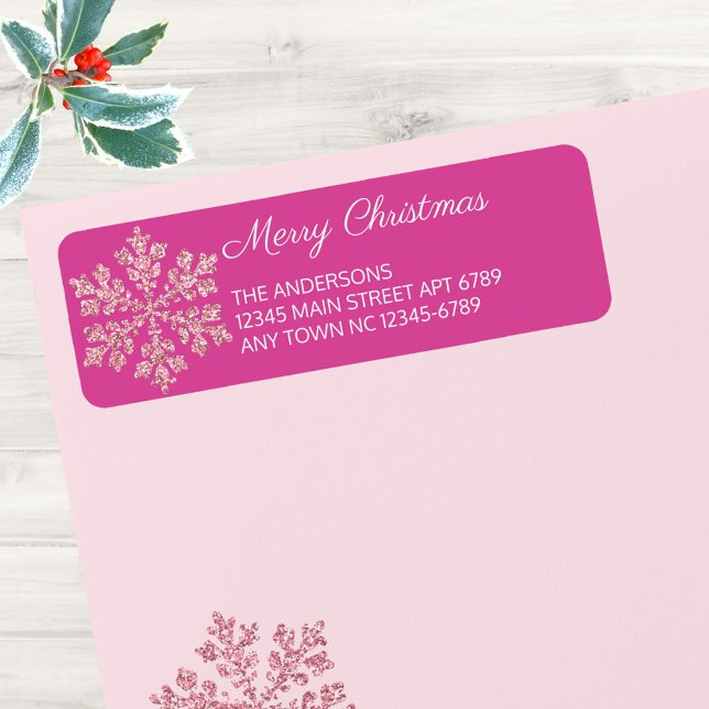 Snowflake Berry Bling Informal Casual Christmas Label (Add these deep rich pink return address labels to your essential Christmas mailing supplies)